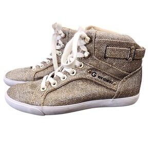 G by GUESS Gold Sparkle High Top Sneakers Shoes Ladies 8.5M Glitter Shine Trendy